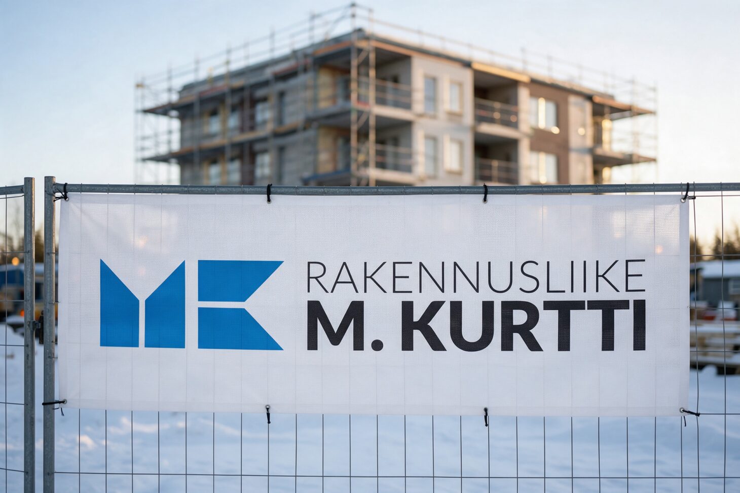 Rakennusliike M. Kurtin logo banderollissa työmaa-aidassa
