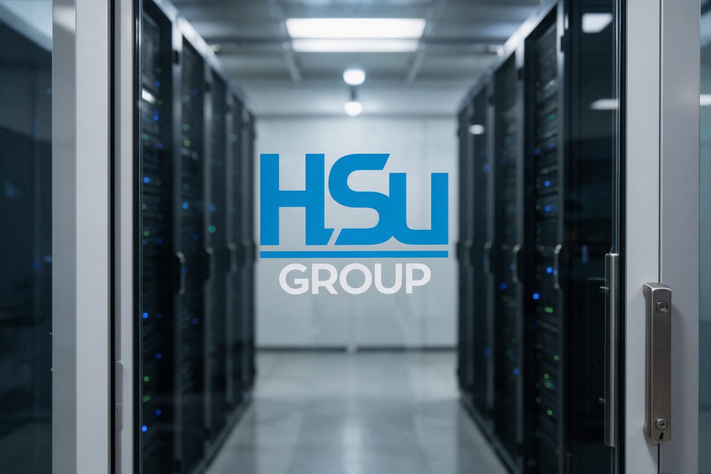 HSu-Groupin logo laitetilan lasiovessa