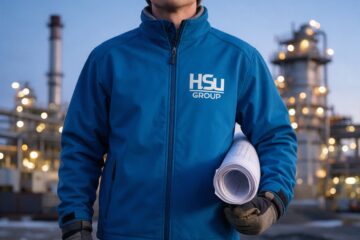 HSu-Groupin logo takin rinnassa teollisuusalueella