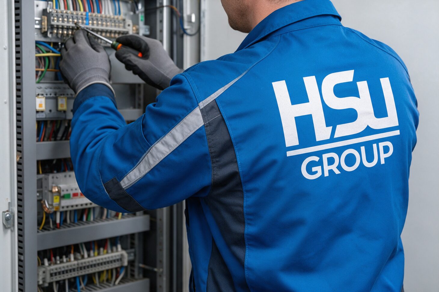 HSu-Groupin logo sähköasentajan työtakin selässä